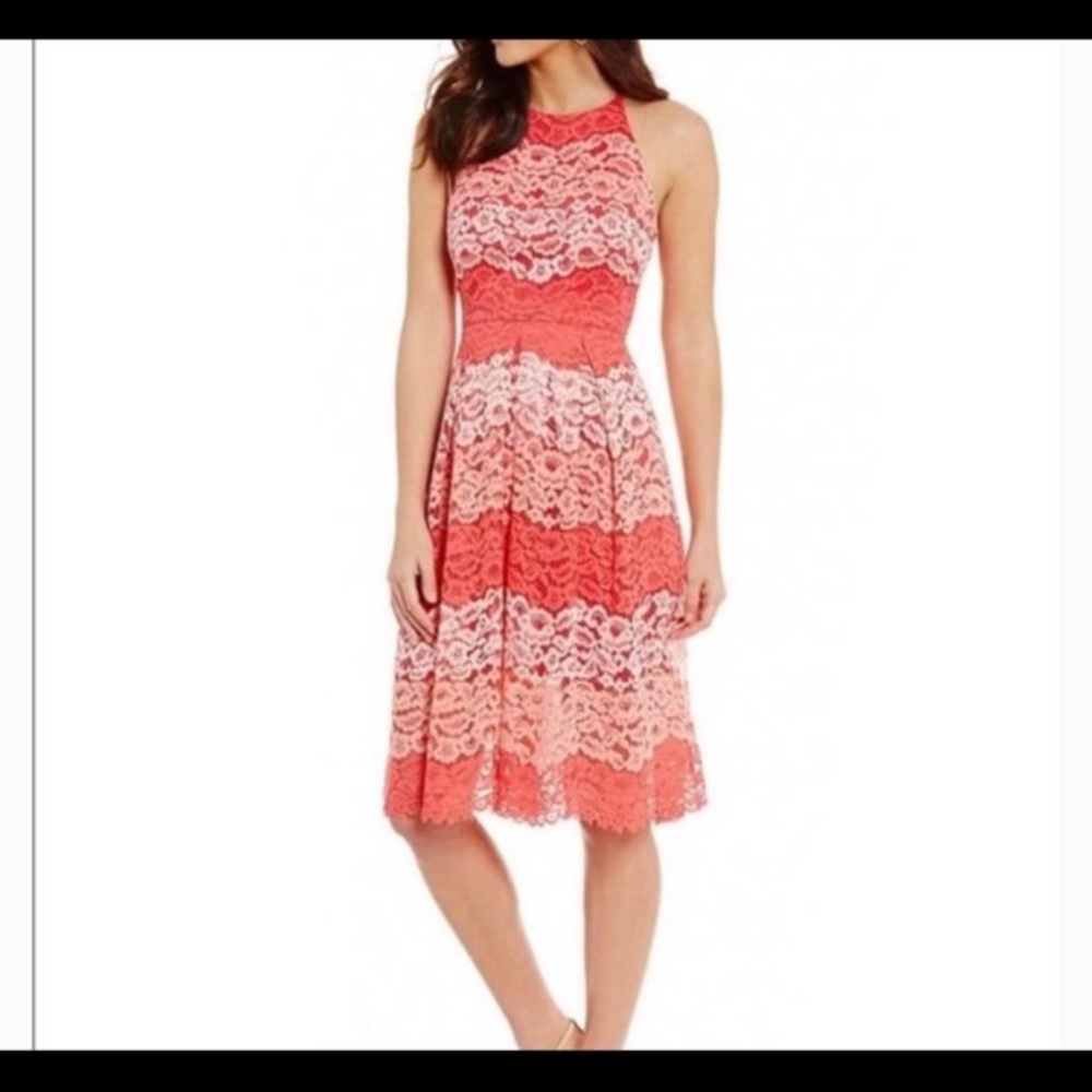 LIKE NEW! Badgley Mischka Coral and Pink Lace Midi Dress
